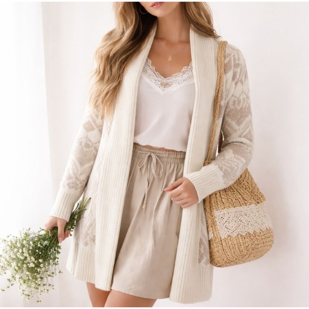 OLD NAVY Cotton Cardigan Fair Isle Sweater Long Open Shawl Collar Taupe Size S